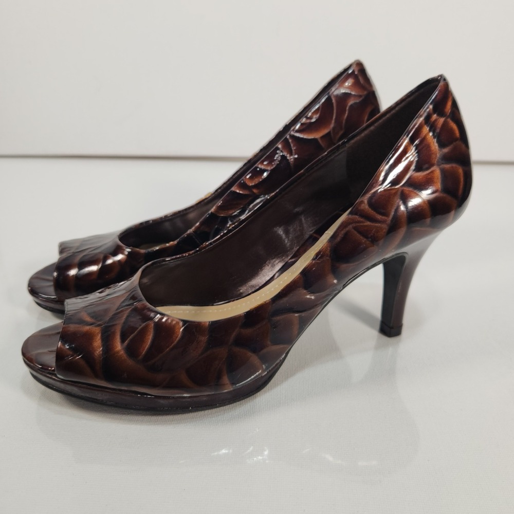 Alex Marie Womens Heels Size 8M Brown Patent Leather Geometric Print